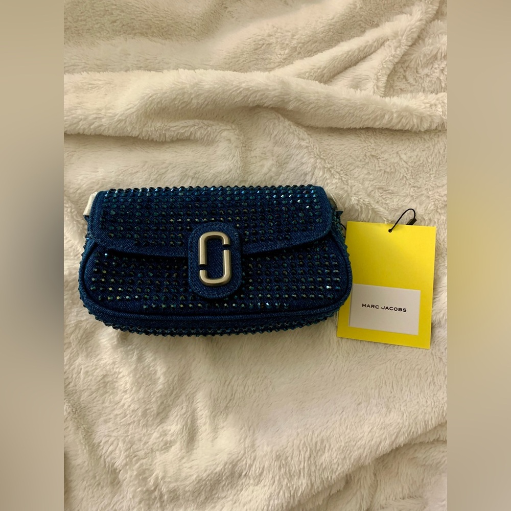 Marc Jacobs The Clover Crystal Embellished Denim Shoulder Bag Dark Wash Crystal - Picture 9 of 11